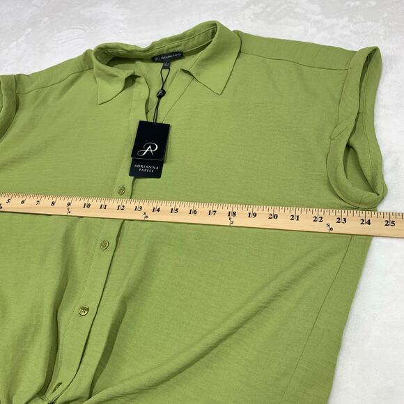 NWT Adriana Papell Blouse Button Down Tie Waist Large Short Sleeve Collar Green - Picture 8 of 9